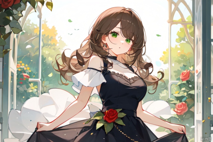 Upwardly upturned bangs, large wavy curly hair, center cut bangs, brown hair, red and green eyes, different pupils, two eyes of different colors, formal dress, rose garden