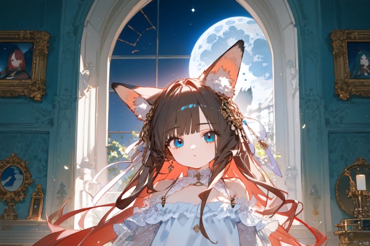 Red haired, blue eyed, fox eared girl, side facing European classical glass window, moonlight, headdress, tarot brand,at night
