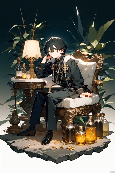 A Youth man, with green vertical pupils, long black hair, single piece golden glasses, gentle temperament, poison, aristocratic temperament, evil charm, potion bottle