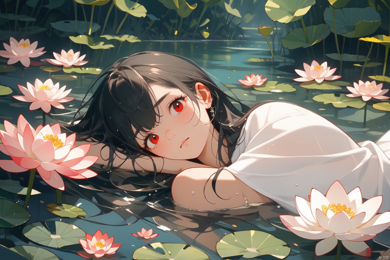 Taoist, lying on a river of blood, holding lotus flowers in his hand. The lotus flowers are stacked on top of him, creating a dark atmosphere. A girl with black hair and red eyes is lying in the water, creating a dark, evil, and gloomy atmosphere. Dark tone,lying,lying in the water,
仰躺supine


