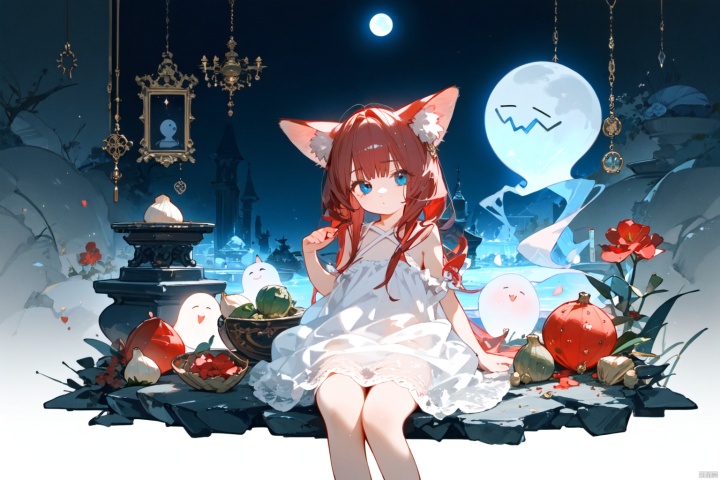  Clusteramaryllis, stone garlic, little girl with red hair, fox ears, blue eyes, white dress, characters occupying a small space in the picture, landscape painting, red moon, eerie atmosphere, ghost cat, Lycoris radiata