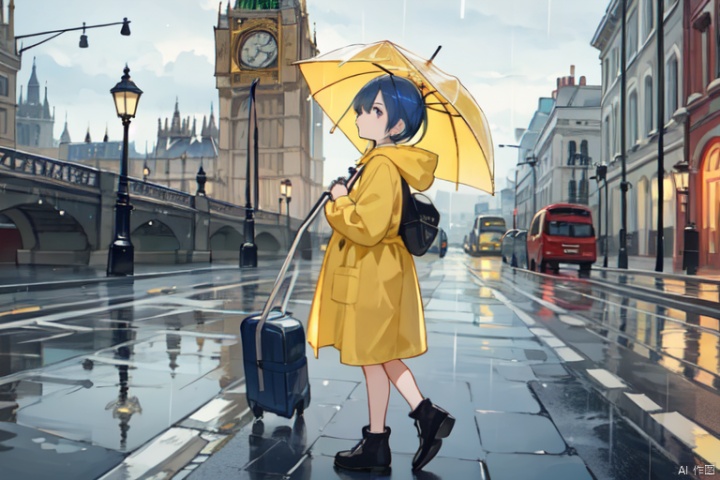 Overcast, rainy, umbrella, yellow raincoat, blue hair, hair length up to waist, male, full body picture,London