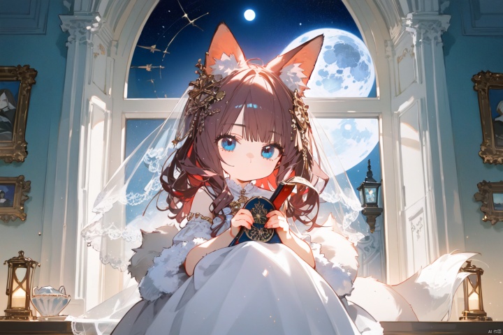 Little girl with red hair, fox ears, blue eyes, European classical glass window, moonlight, veil, tarot brand,at night