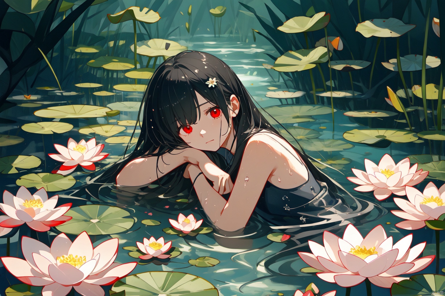 Taoist, lying on a river of blood, holding lotus flowers in his hand. The lotus flowers are stacked on top of him, creating a dark atmosphere. A girl with black hair and red eyes is lying in the water, creating a dark, evil, and gloomy atmosphere. Dark tone,lying,lying in the water,
仰躺supine

