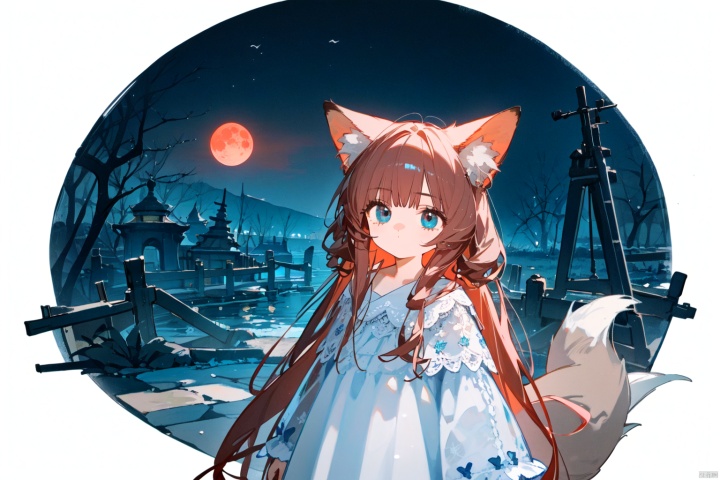 Clusteramaryllis, a little girl with red hair, fox ears, blue eyes, and white dress. The characters occupy a small space in the picture, with landscape painting, red moon, and eerie atmosphere