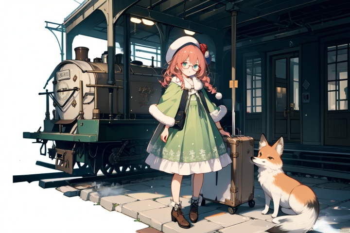 Red haired, blue eyed, fox eared girl, fox ears,green dress, small shawl, beret, steam style glasses, brown leather suitcase, bronze steam train, steam train station, newspaper, robot bird