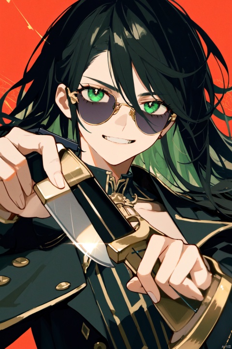 Youth, man, with green vertical pupils, long black hair, golden monocular glasses, gentle smile, poison, aristocratic temperament, evil charm, surgical knife