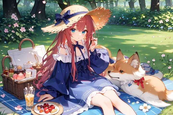 Cherry blossom forest, picnic, red haired fox ear, blue eyed girl,Blue dress, straw hat with blue bow