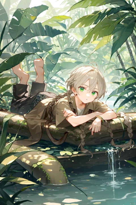  Teenager, male, rainforest, cane, collapsed tree trunk, boy lying on the tree trunk, white hair, green eyes, water, ponytail, snake pupil, small Fried Dough Twists braids on the temples, brown clothes, primitive jungle style