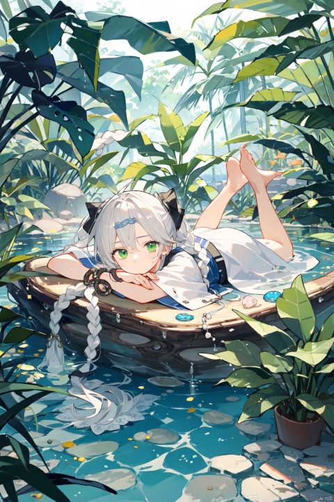Teenager, male, rainforest, cane, collapsed tree trunk, boy lying on the tree trunk, white hair, green eyes, water surface, ponytail, snake pupil, small Fried Dough Twists braids on the temples