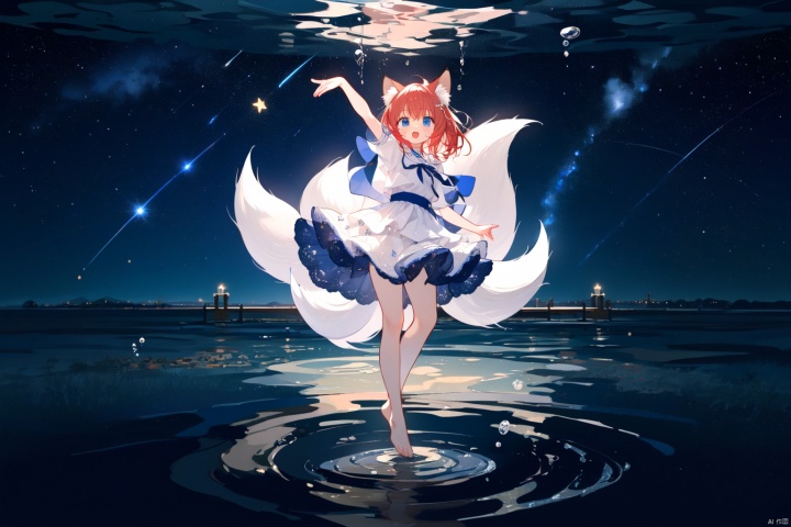 Layered white lace skirt, water surface, full body picture, barefoot stepping on the water surface, ripples, falling from the sky to the water surface, red hair, blue eyes, fox ear girl, starry sky, dancing