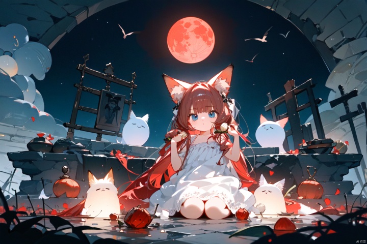 Clusteramaryllis, stone garlic, little girl with red hair, fox ears, blue eyes, white dress, characters occupying a small space in the picture, landscape painting, red moon, eerie atmosphere, ghost cat, Lycoris radiata