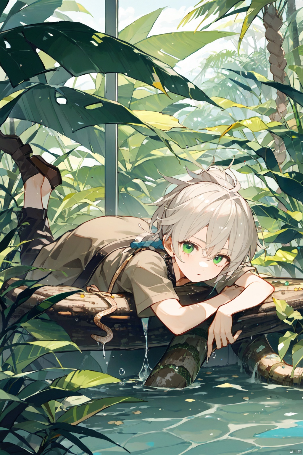  Teenager, male, rainforest, cane, collapsed tree trunk, boy lying on the tree trunk, white hair, green eyes, water, ponytail, snake pupil, small Fried Dough Twists braids on the temples, brown clothes, primitive jungle style