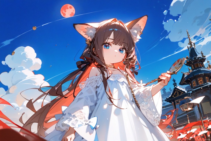 Clusteramaryllis, a little girl with red hair, fox ears, blue eyes, and white dress, with a small character footprint, landscape painting, and a red moon