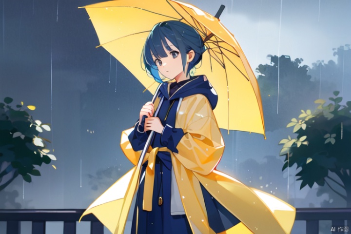 Overcast, rainy, umbrella, yellow raincoat, blue hair, hair length up to waist
