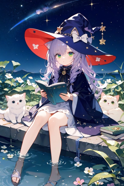  white hair,light purple hair, slightly curly hair, long hair, variegated pupils, one eye blue, one eye green, cat ears, flowers, wind, stars,The colors of the two eyes are different, one eye is blue, and the other eye is green, dress, strolling in the starry sky, light purple hair, witch hat, full body picture, ghost cat,Sitting by the water reading a magic book
