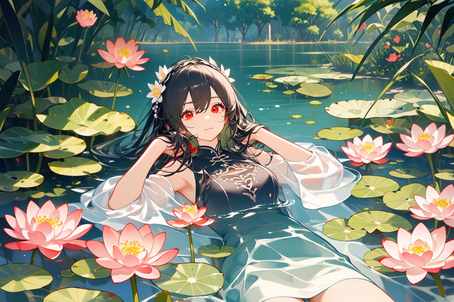 Taoist, lying on a river of blood, holding lotus flowers in his hand. The lotus flowers are stacked on top of him, creating a dark atmosphere. A girl with black hair and red eyes is lying in the water, creating a dark, evil, and gloomy atmosphere. Dark tone,lying,lying in the water,supine,Complex hairstyles, hair accessories

