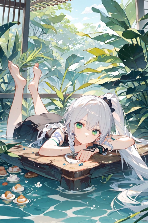Rainforest, rattan, collapsed tree trunk, boy lying on the tree trunk, white hair, green eyes, water, ponytail, snake pupil, little Fried Dough Twists braids on the temples
