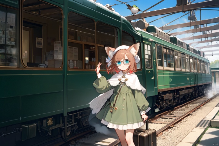 Red haired, blue eyed, fox eared girl, fox ears,green dress, small shawl, beret, steam style glasses, brown leather suitcase, bronze steam train, steam train station, newspaper, robot bird