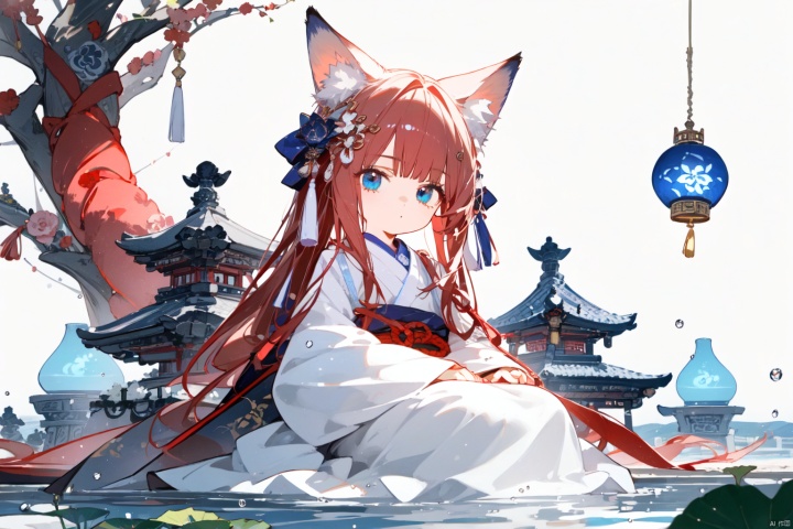  Little girl with red hair, fox ears, blue eyes, white dress, water surface, lotus, Chinese ancient style, Hanfu, silk ribbon