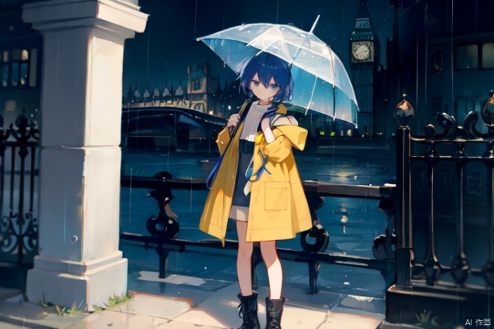 Overcast, rainy, umbrella, yellow raincoat, blue hair, hair length up to waist, male, full body picture,London