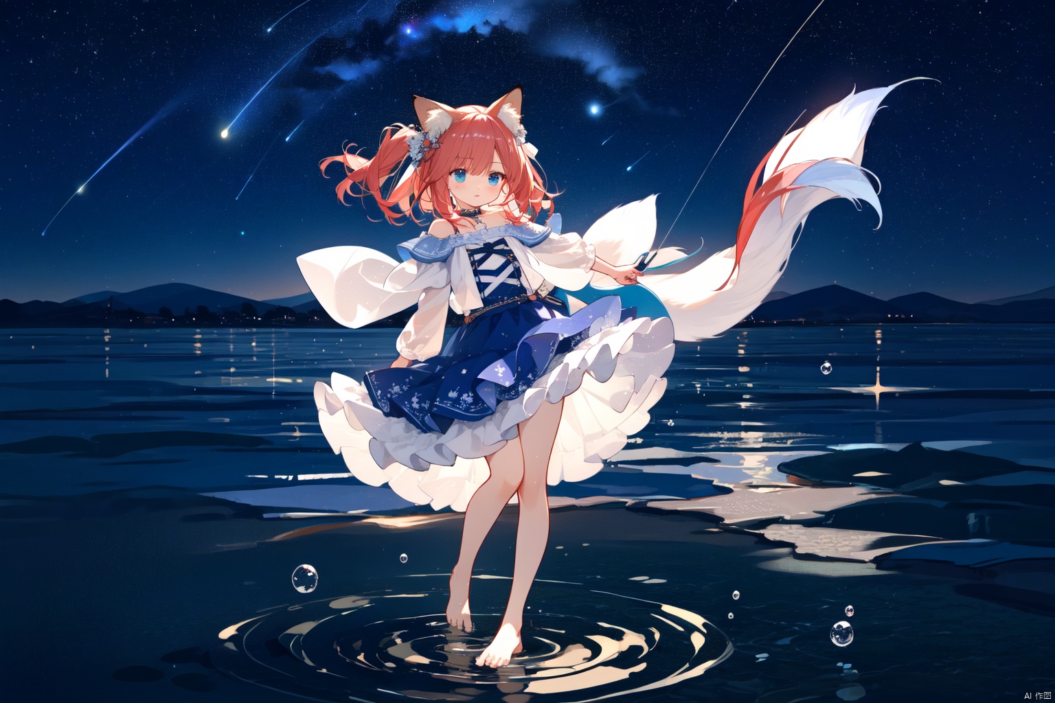 Layered white lace skirt, water surface, full body picture, barefoot stepping on the water surface, ripples, falling from the sky to the water surface, red hair, blue eyes, fox ear girl, starry sky, dancing
