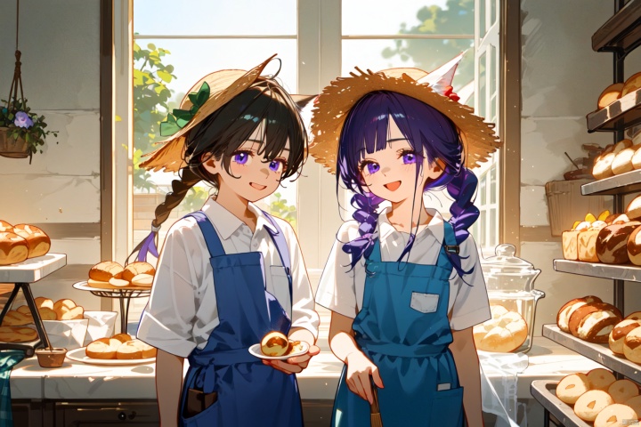 (Girls, girls, red hair, blue eyes, fox ears, slightly curled long hair, Fried Dough Twists braids, straw hats, aprons, green skirts, bouquets)

(Youth, male, purple eyes, white hair, wolf ears, ponytail, dark blue work pants, white shirt)

Two people, a boy and a girl are making bread, a bakery, and a market. The girl has shouldered hair, the boy is braiding his hair, the girl is laughing, and the boy is looking at the girl