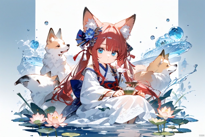 Little girl with red hair, fox ears, blue eyes, white dress, water surface, lotus, Chinese ancient style, Hanfu, silk ribbon