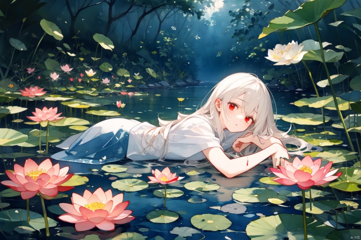 Taoist, lying on a river of blood, holding lotus flowers in his hand. The lotus flowers are stacked on top of him, creating a dark atmosphere. A girl with white hair and red eyes is lying in the water,watercolor