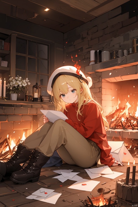 Flame, burning, blonde hair, red shirt, brown pants, boots, envelope, red hat, sitting in the fire kissing letters