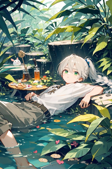 Teenager, male, rainforest, cane, collapsed tree trunk, boy lying on the tree trunk, white hair, green eyes, water, ponytail, snake pupil, small Fried Dough Twists braids on the temples, brown clothes, primitive jungle style