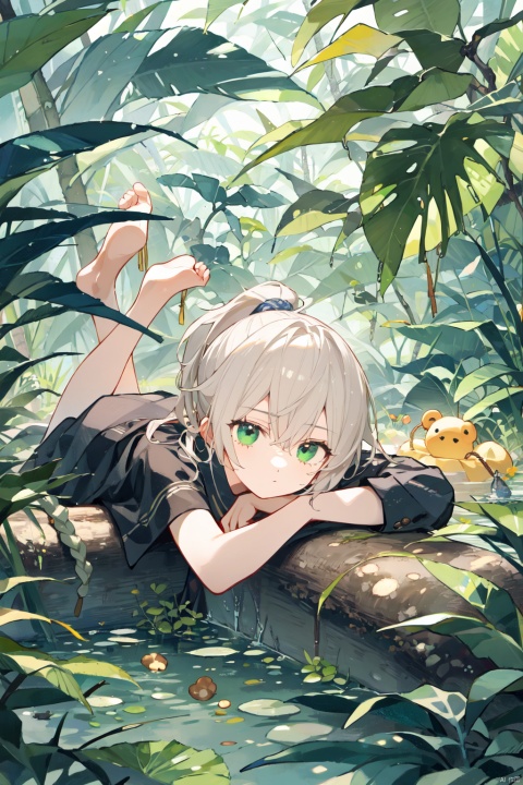 Teenager, male, rainforest, cane, collapsed tree trunk, boy lying on the tree trunk, white hair, green eyes, water, ponytail, snake pupil, little Fried Dough Twists braids on the temples, brown clothes, primitive jungle style, primitive jungle