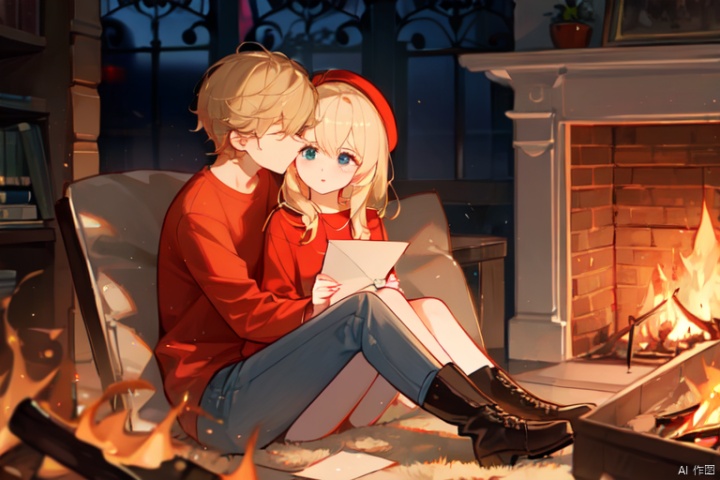 Flame, burning, blonde hair, red shirt, brown pants, boots, envelope, red hat, sitting in the fire kissing letters