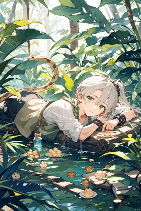 Teenager, male, rainforest, cane, collapsed tree trunk, boy lying on the tree trunk, white hair, green eyes, water, ponytail, snake pupil, small Fried Dough Twists braids on the temples, brown clothes, primitive jungle style