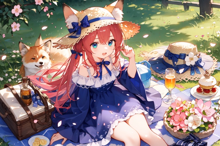 Cherry blossom forest, picnic, red haired fox ear, blue eyed girl,Blue dress, straw hat with blue bow