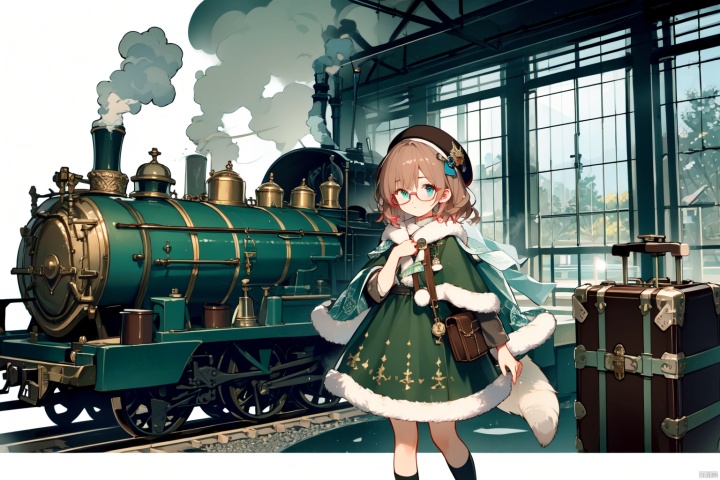 Red haired, blue eyed, fox eared girl, green dress, small shawl, beret, steam style glasses, brown leather suitcase, bronze steam train, steam train station, newspaper, gear, steam