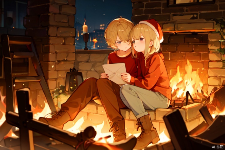 Flame, burning, blonde hair, red shirt, brown pants, boots, envelope, red hat, sitting in the fire kissing letters