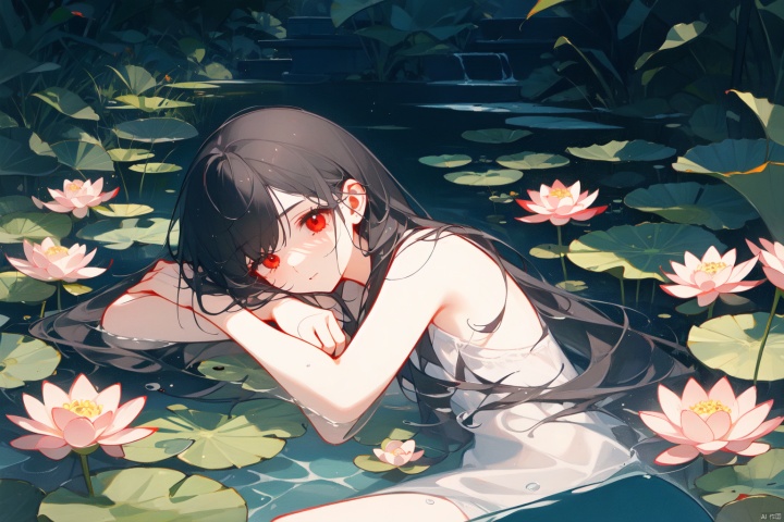 Taoist, lying on a river of blood, holding lotus flowers in his hand. The lotus flowers are stacked on top of him, creating a dark atmosphere. A girl with black hair and red eyes is lying in the water, creating a dark, evil, and gloomy atmosphere. Dark tone,lying

