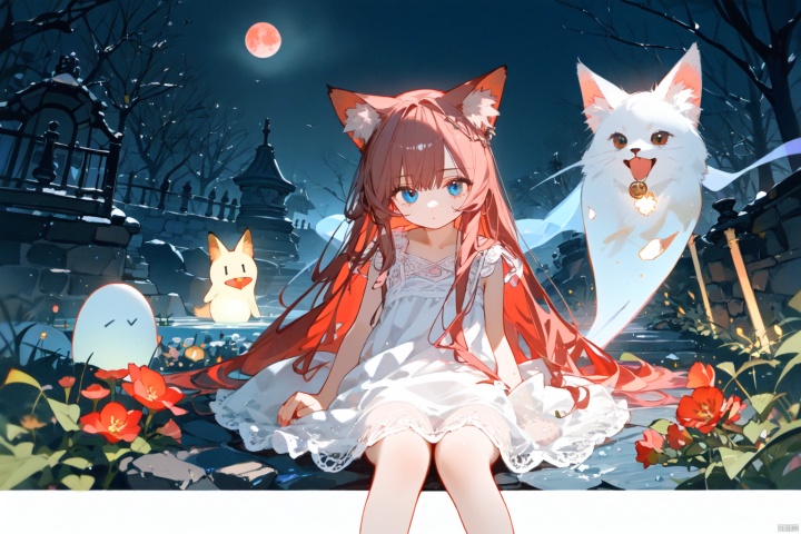 Clusteramaryllis, stone garlic, little girl with red hair, fox ears, blue eyes, white dress, characters occupying a small space in the picture, landscape painting, red moon, eerie atmosphere, ghost cat, Lycoris radiata