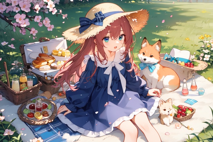 Cherry blossom forest, picnic, red haired fox ear, blue eyed girl,Blue dress, straw hat with blue bow