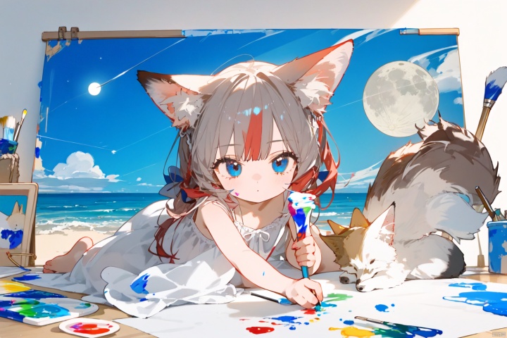  Little girl with red hair, fox ears, blue eyes, white dress, drawing board, paint, moon