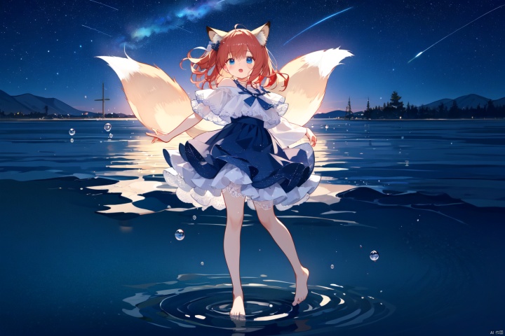 Layered white lace skirt, water surface, full body picture, barefoot stepping on the water surface, ripples, falling from the sky to the water surface, red hair, blue eyes, fox ear girl, starry sky, dancing