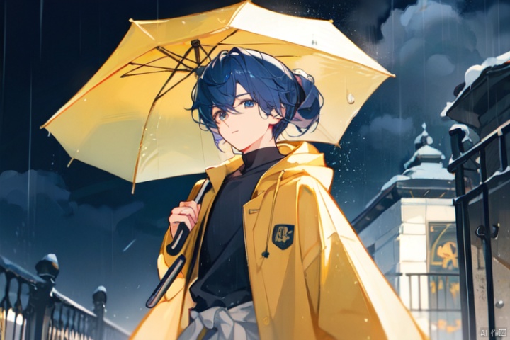 Overcast, rainy, umbrella, yellow raincoat, blue hair, hair length up to waist, male