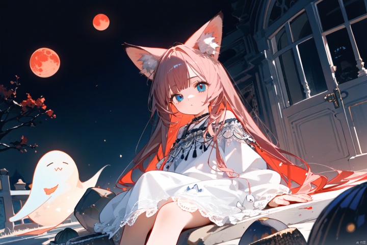  Clusteramaryllis, stone garlic, little girl with red hair, fox ears, blue eyes, white dress, characters occupying a small space in the picture, landscape painting, red moon, eerie atmosphere, ghost cat, Lycoris radiata