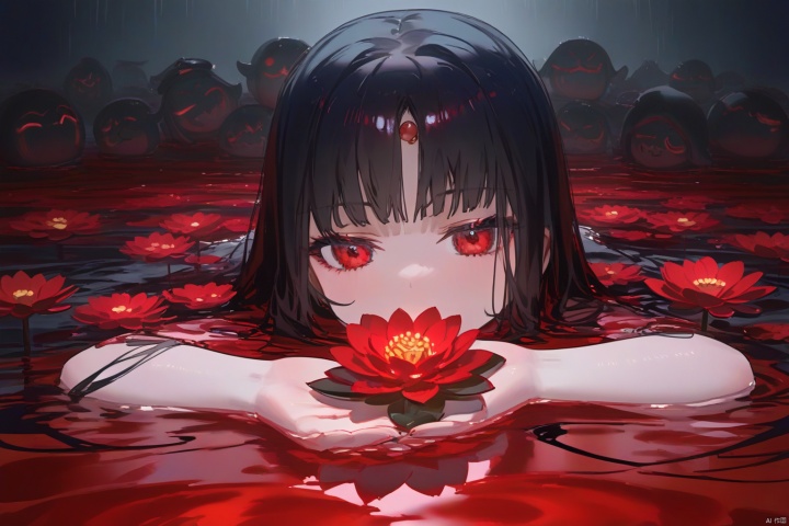 Taoist, lying on a river of blood, holding lotus flowers in his hand. The lotus flowers are stacked on top of him, creating a dark atmosphere. A girl with black hair and red eyes is lying in the water, creating a dark, evil, and gloomy atmosphere. Dark tone,lying

