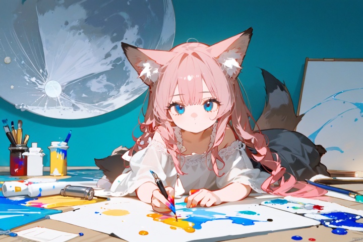  Little girl with red hair, fox ears, blue eyes, white dress, drawing board, paint, moon