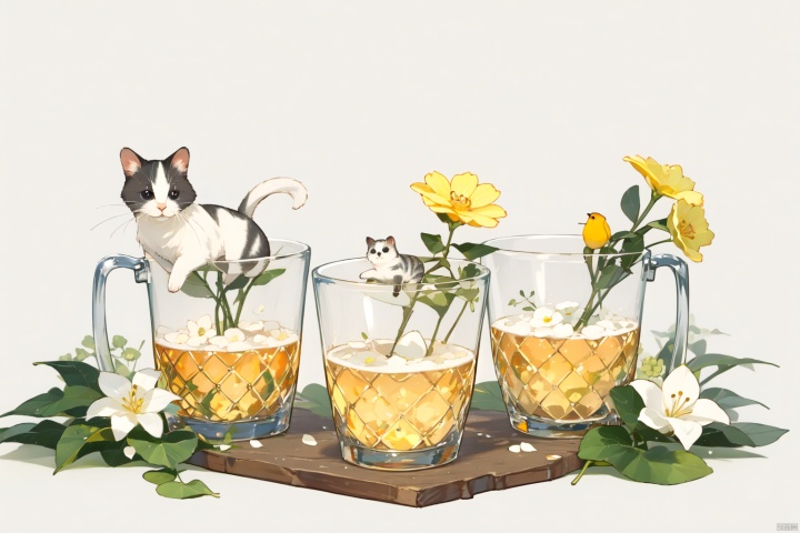 (cups, flowers, small animals), different colors, a series