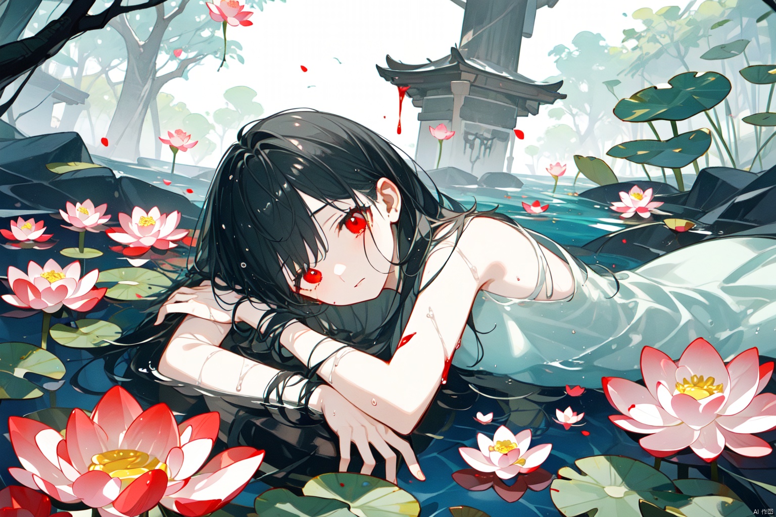 Taoist, lying on a river of blood, holding lotus flowers in his hand. The lotus flowers are stacked on top of him, creating a dark atmosphere. A girl with black hair and red eyes is lying in the water, creating a dark, evil, and gloomy atmosphere. Dark tone,lying,lying in the water,
仰躺supine

