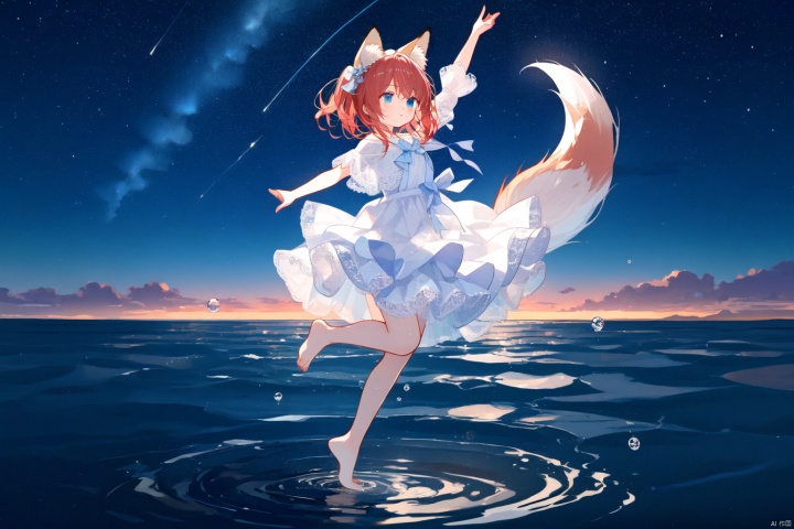 Layered white lace skirt, water surface, full body picture, barefoot stepping on the water surface, ripples, falling from the sky to the water surface, red hair, blue eyes, fox ear girl, starry sky, dancing