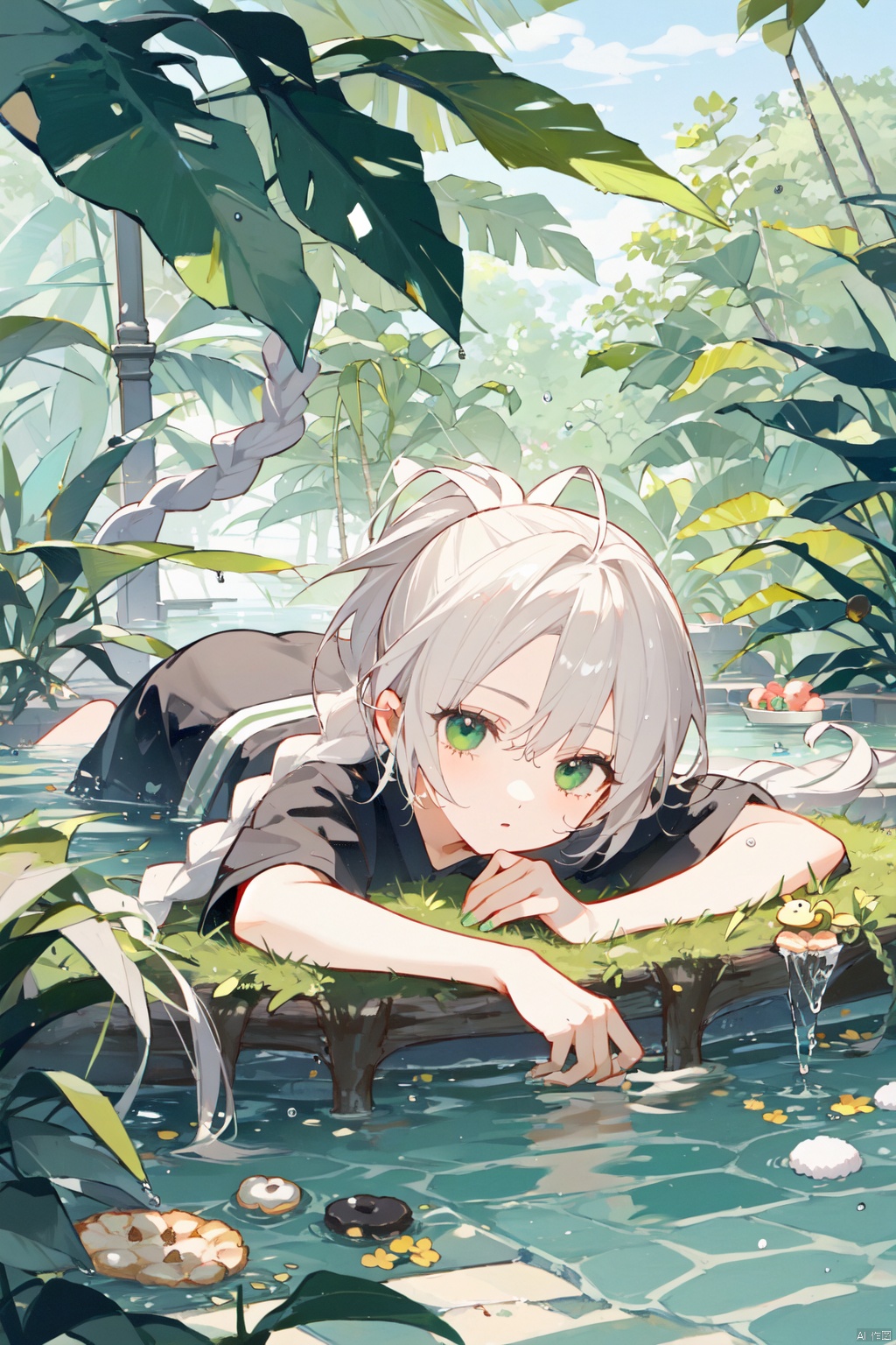 Rainforest, rattan, collapsed tree trunk, boy lying on the tree trunk, white hair, green eyes, water, ponytail, snake pupil, little Fried Dough Twists braids on the temples